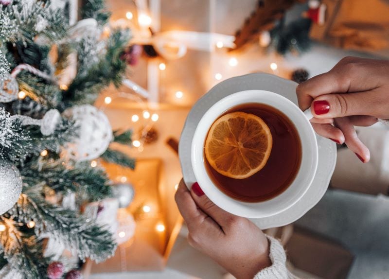 cup of tea near xtmas tree